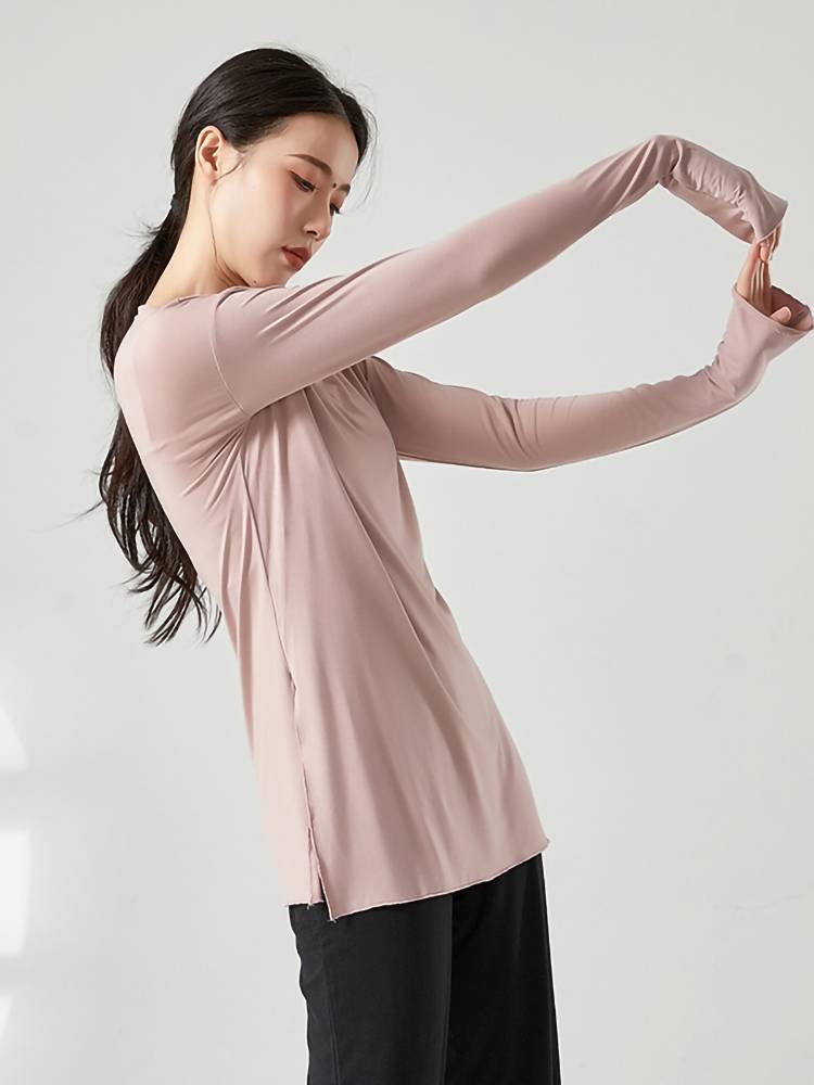Modern dance loose practice service dance service breathable unilateral split long top long sleeves thin t -shirt shape clothes