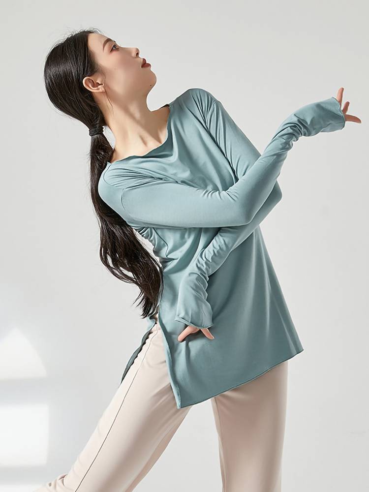Modern dance loose practice service dance service breathable unilateral split long top long sleeves thin t -shirt shape clothes