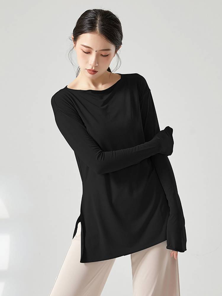 Modern dance loose practice service dance service breathable unilateral split long top long sleeves thin t -shirt shape clothes