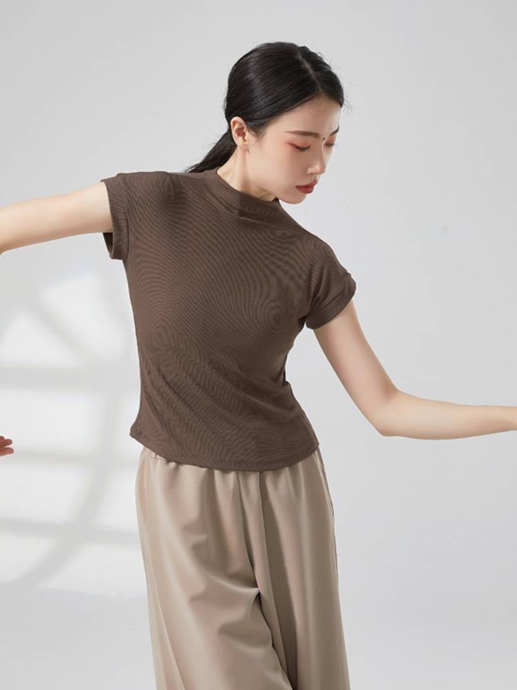 Modern dance clothing top dance dance training solid color short sleeves, thin classical dance body rhyme, turtleneck sports girl