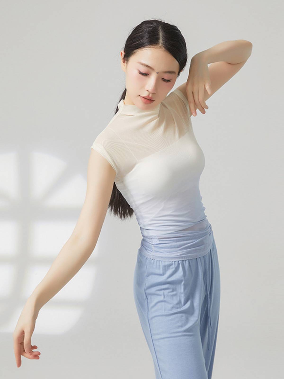 0217 Gradient gauze tall short -sleeved short -sleeved modern dance clothes Classical dance exercise body training gauze clothes