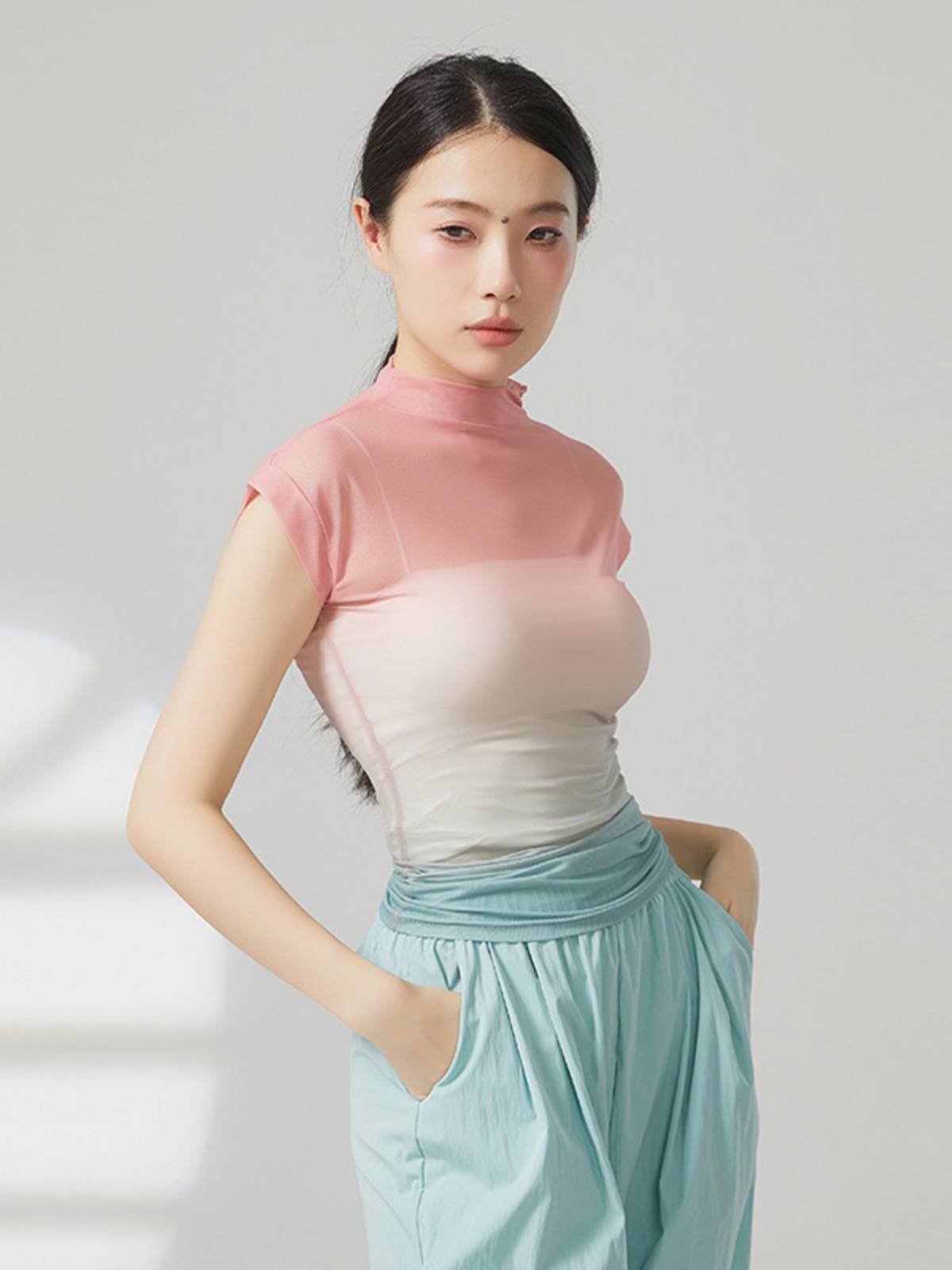 0217 Gradient gauze tall short -sleeved short -sleeved modern dance clothes Classical dance exercise body training gauze clothes
