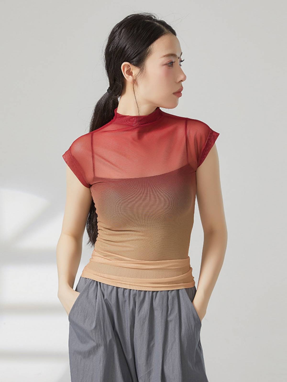 0217 Gradient gauze tall short -sleeved short -sleeved modern dance clothes Classical dance exercise body training gauze clothes