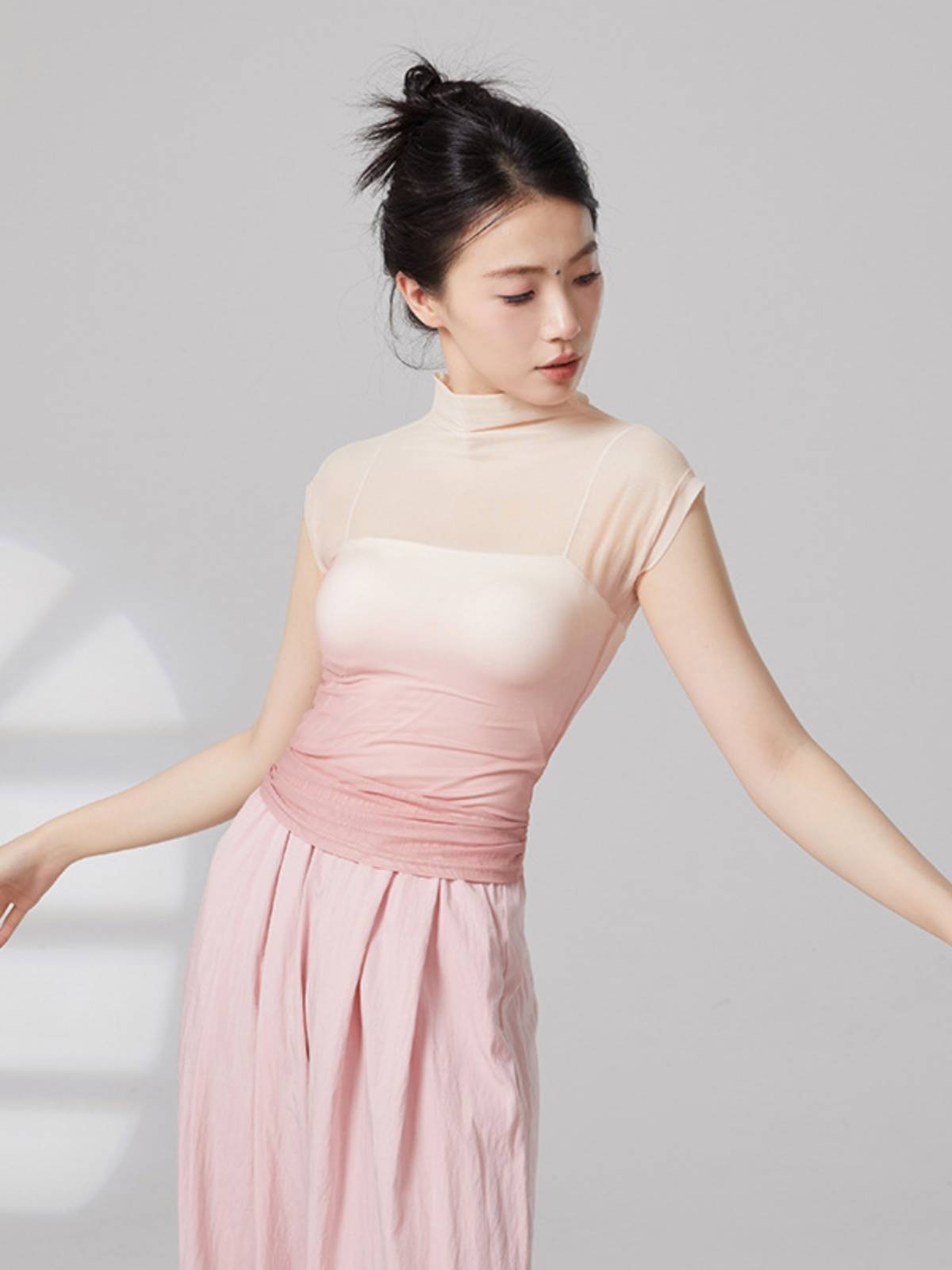0217 Gradient gauze tall short -sleeved short -sleeved modern dance clothes Classical dance exercise body training gauze clothes
