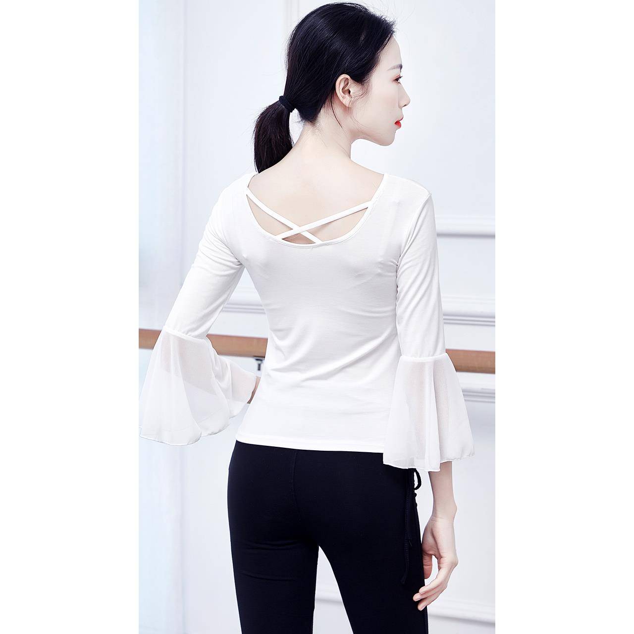 Modern dance exercise, clothing female classical square ethnic dance body top horn, sleeve slim back T -shirt