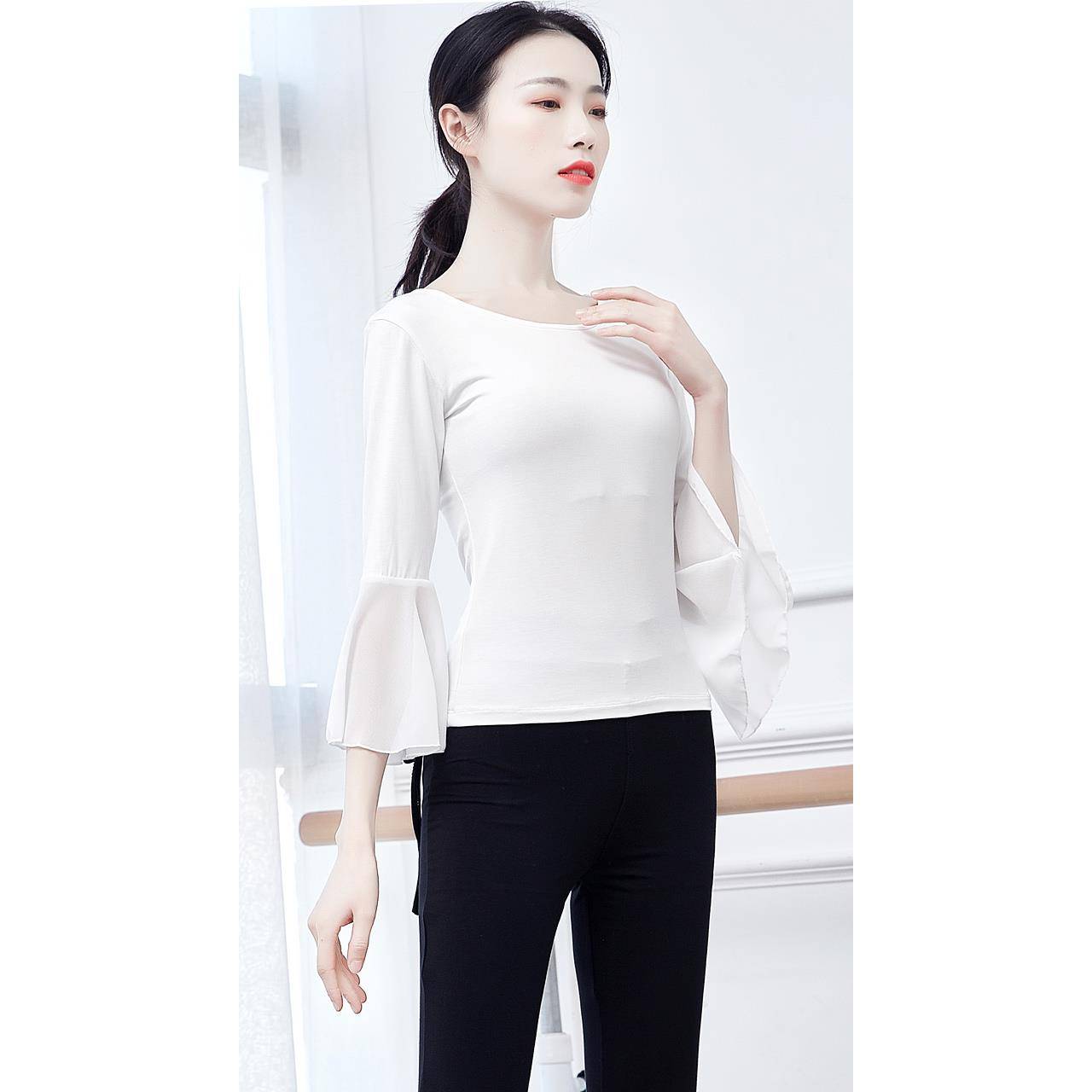 Modern dance exercise, clothing female classical square ethnic dance body top horn, sleeve slim back T -shirt