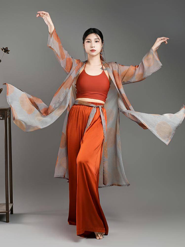 Five -nine family Chixia ancient style jazz dance clothing gauze national wind outside wearing classical modern dance trousers cream red