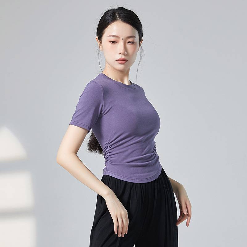 24 New dance clothing Short -sleeved top female round neck waist is thin classical modern dance Chinese dance exercise clothing