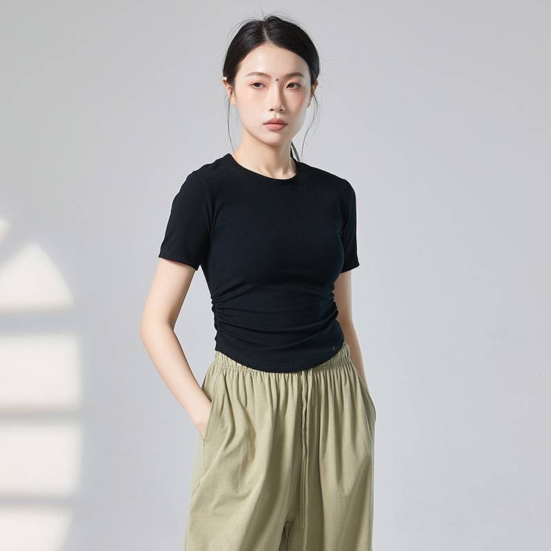 24 New dance clothing Short -sleeved top female round neck waist is thin classical modern dance Chinese dance exercise clothing