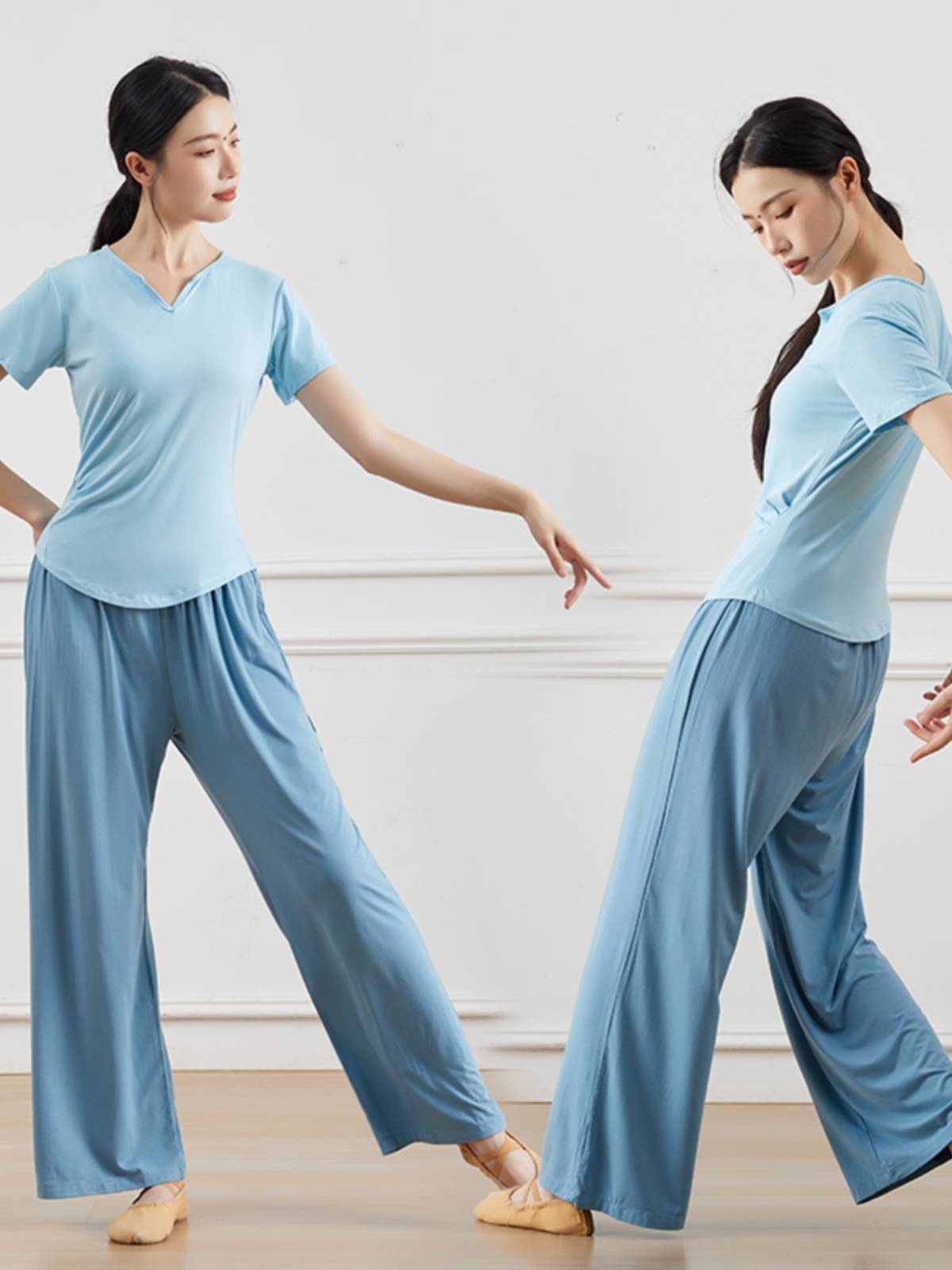Spring and Summer Modern Dance Practice Adult Dance Server Short -sleeved Top Girl Classical Dance High -waisted straight -legged wide -leg pants