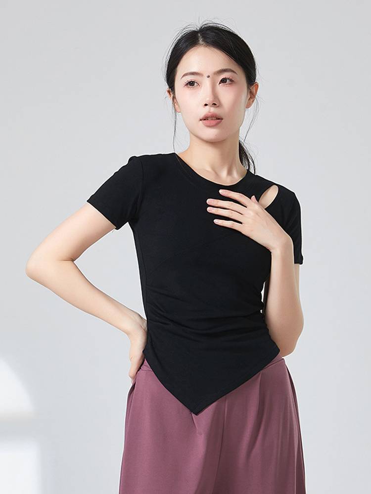 Summer adult off -the -shoulder pleated modern dance students professional body practice uniforms, self -cultivation art test performance, short -sleeved top