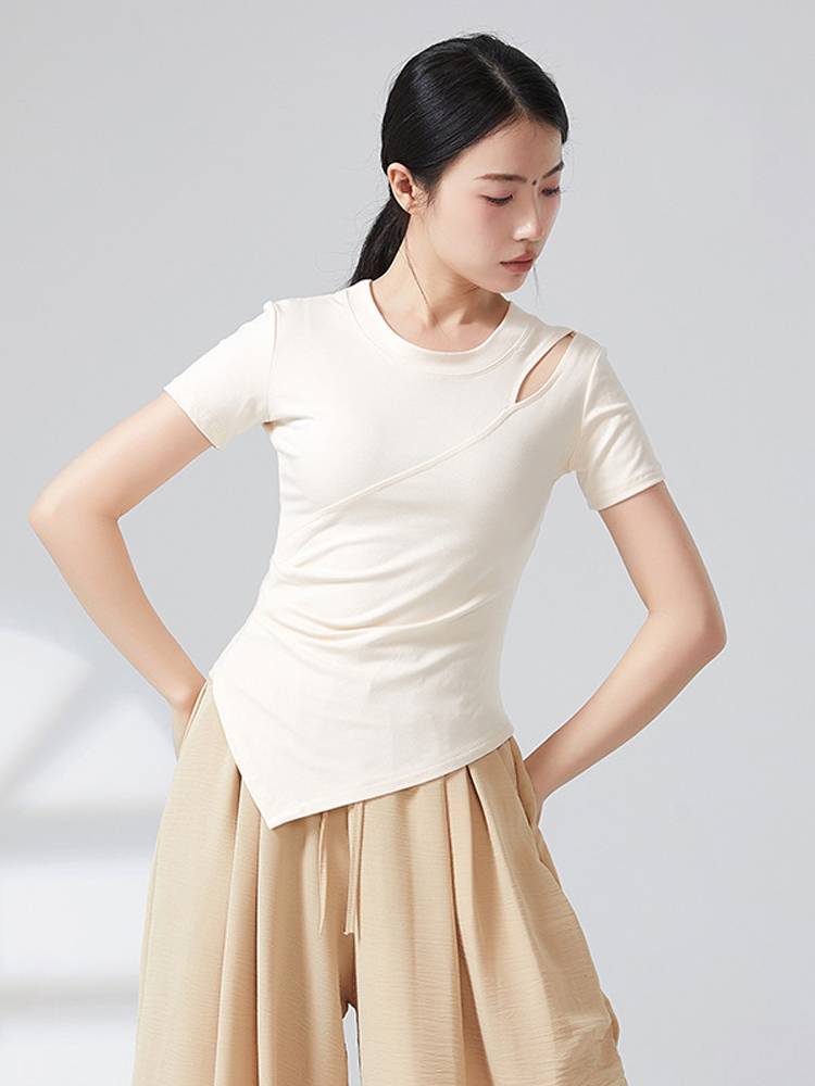 Summer adult off -the -shoulder pleated modern dance students professional body practice uniforms, self -cultivation art test performance, short -sleeved top