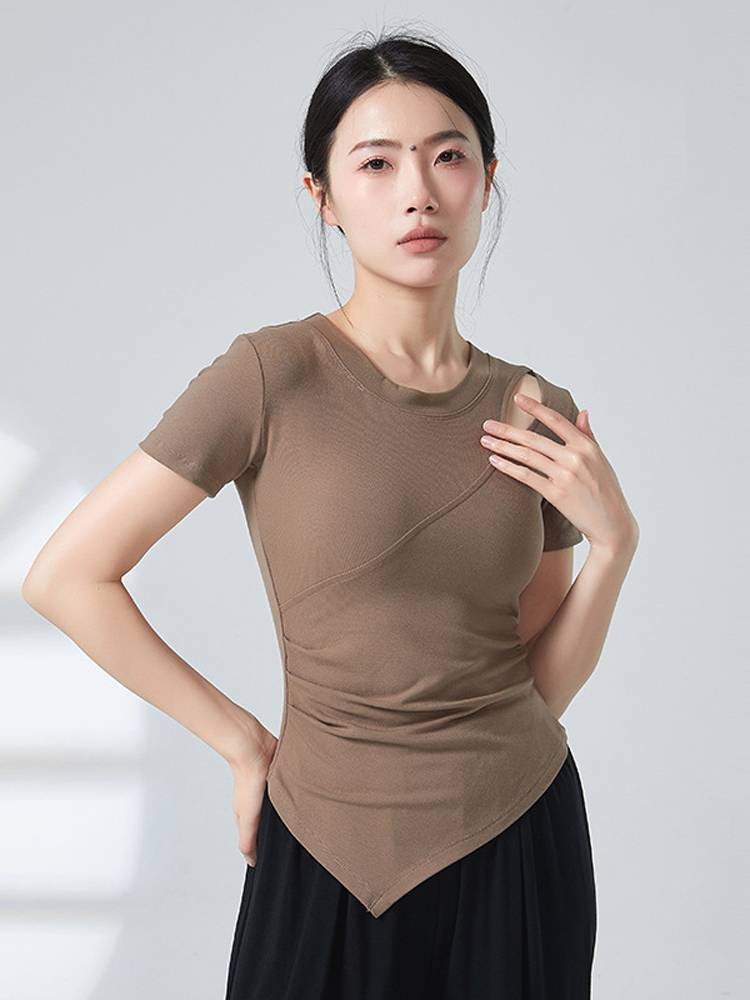 Summer adult off -the -shoulder pleated modern dance students professional body practice uniforms, self -cultivation art test performance, short -sleeved top