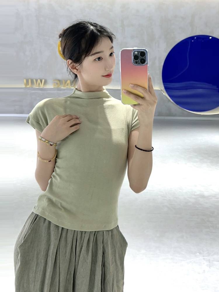Modern dance exercises semi -high -necked short -sleeved female top Classical dance body shows thin vest dance body clothes summer
