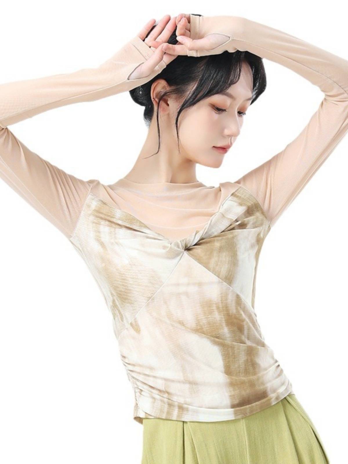Modern dance exercise, female new adult dance clothing long sleeve sleeves finger self -slim classical dance performance net yarn top