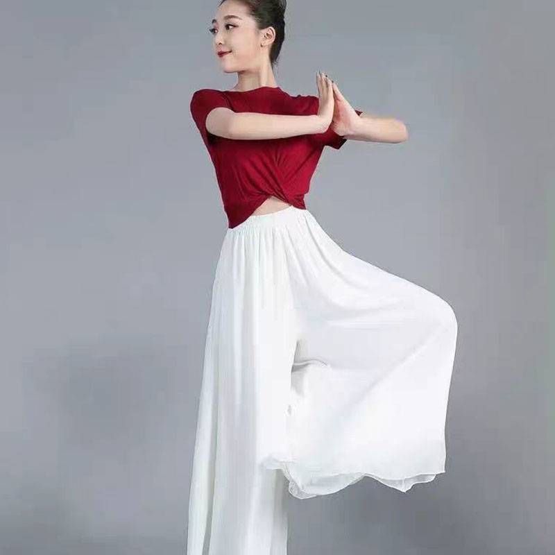 Modern dance exercise pants, loose, elegant and vertical white chiffon wide -leg pants classical dance clothing showing thin performance clothes