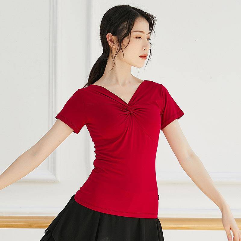 V -neck dance exercise uniform Tome female adult twisting body clothes slim black clothes short -sleeved modern dance clothing