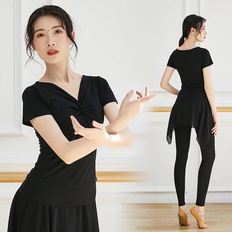 V -neck dance exercise uniform Tome female adult twisting body clothes slim black clothes short -sleeved modern dance clothing
