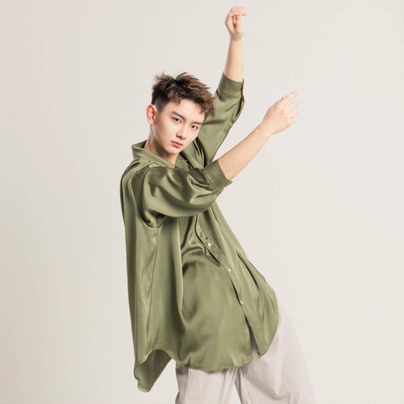 Modern dance lining dance shirt male dance elegant practice suit performance dot loose long dance sleeve black nay color top classical