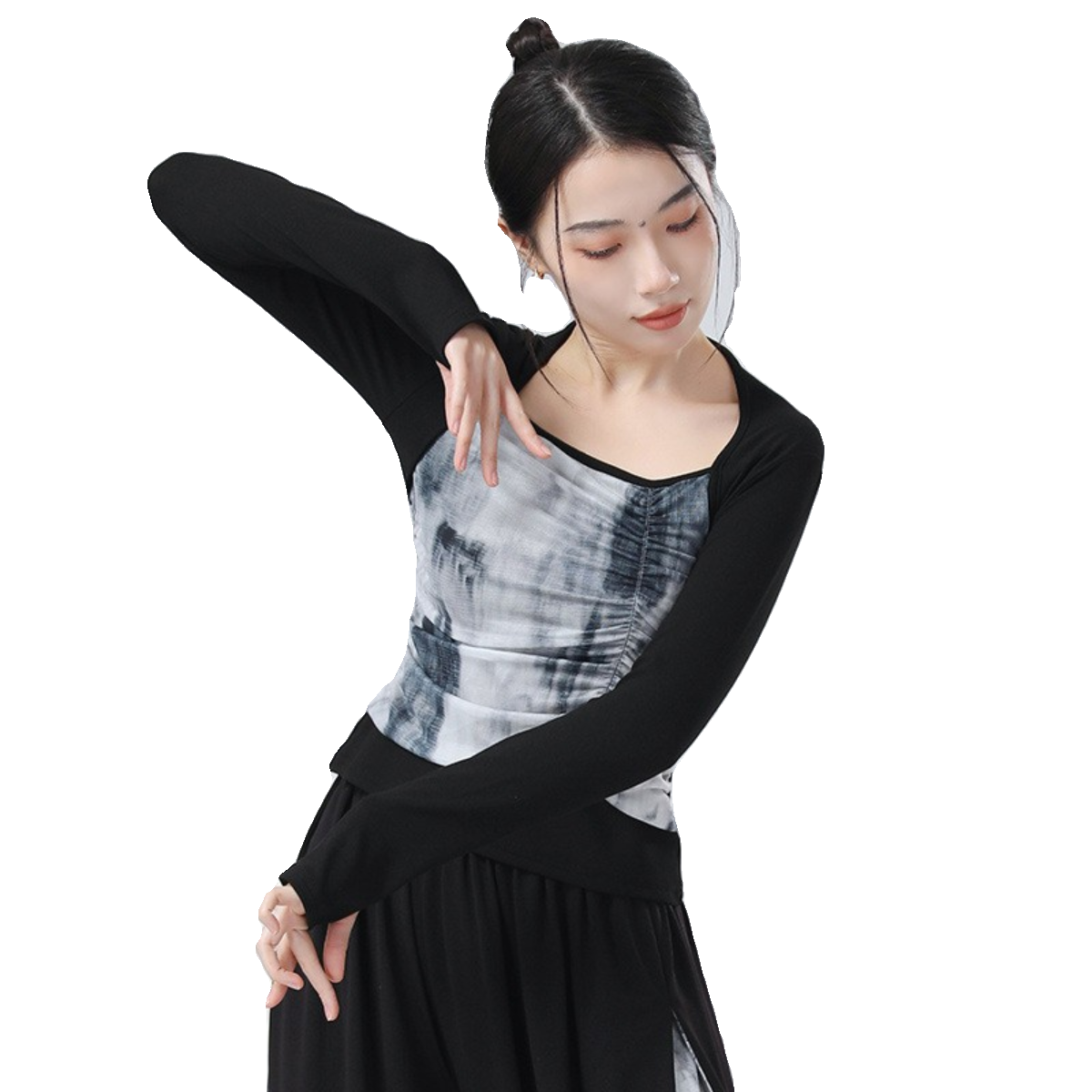 Modern dance adult long -sleeved top dance dance, stitching ink, gauze Chinese classical dance exercise exercise girl