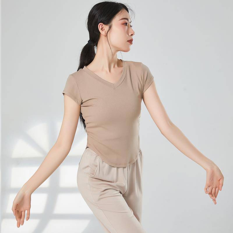 New modern dance exercise uniform top female adult V -neck basic model short -sleeved dance service