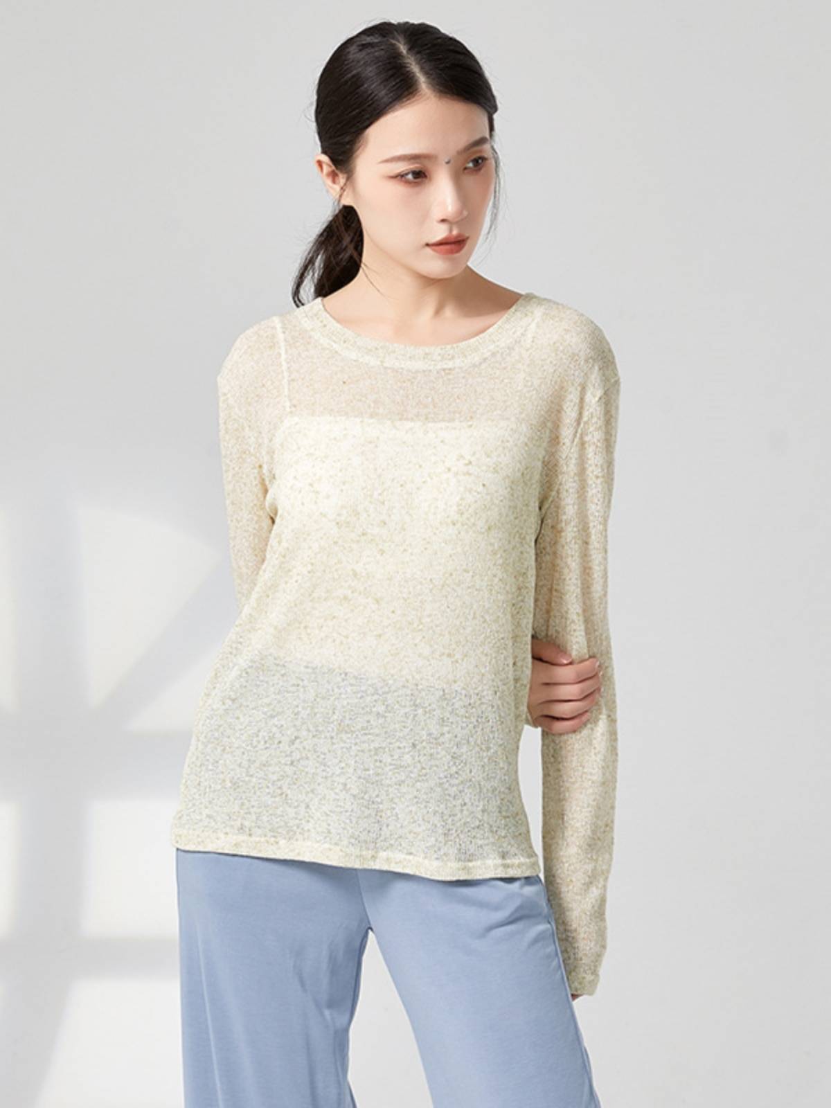 Dance service practice service female Chinese dance round collar loose purse long -sleeved modern dance service see -through foundation