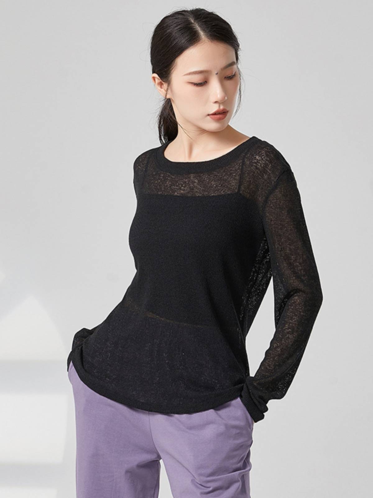 Dance service practice service female Chinese dance round collar loose purse long -sleeved modern dance service see -through foundation