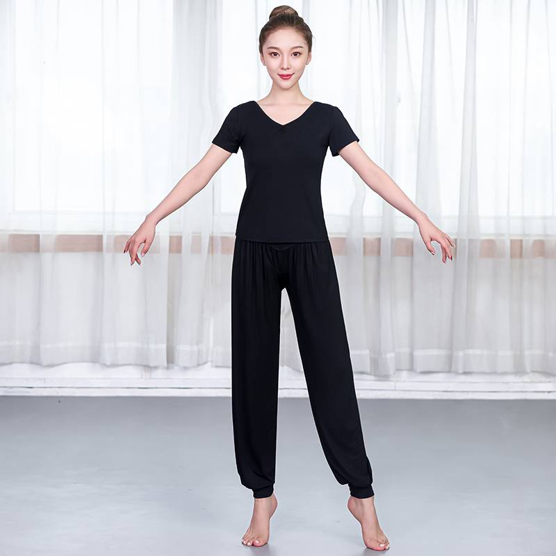 V -neck dance practice service women's suit black dance trousers Modern dance students art test shape short -sleeved top female