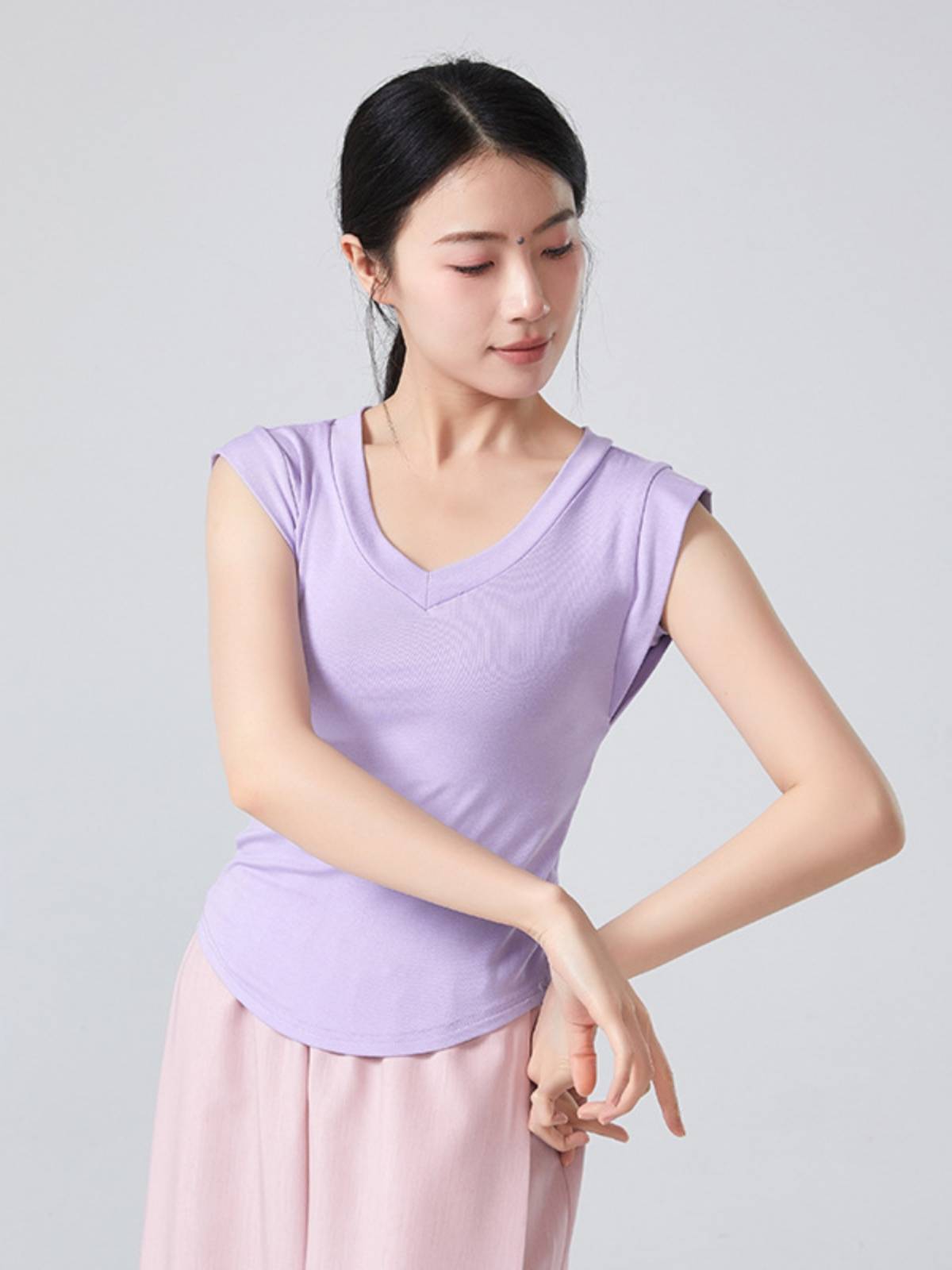 Pure wants V -neck, waist, thin T -shirt, female summer short -sleeved exercise, modern dance teacher in class performance clothes