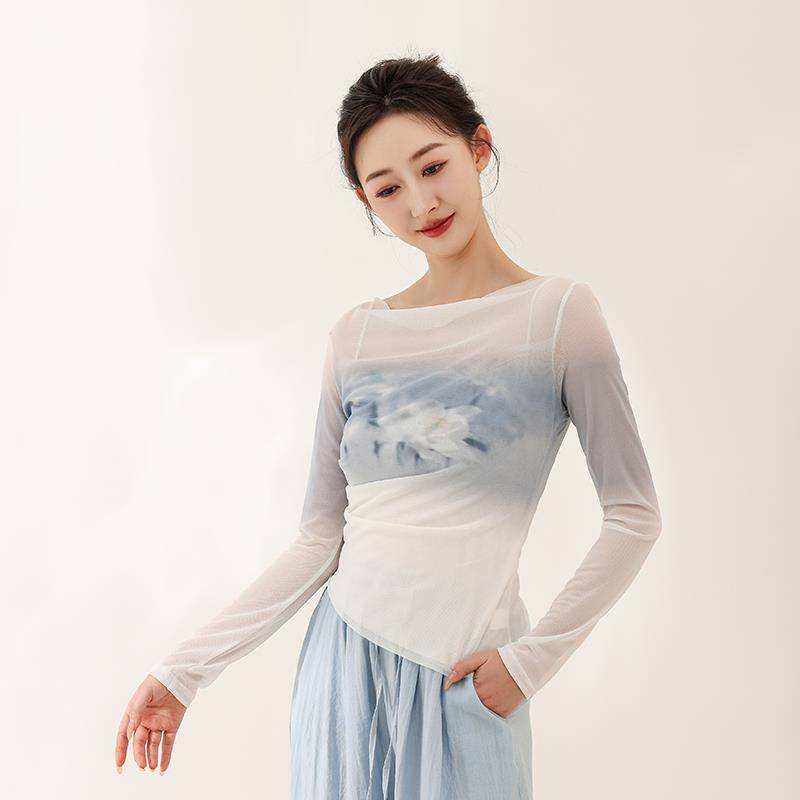 Chun Ruoji Classical Dance Salvation Printing Long Sleeve Body Rhyme Daily Jersey Chinese Dance Modern Dance Practice Dance Series