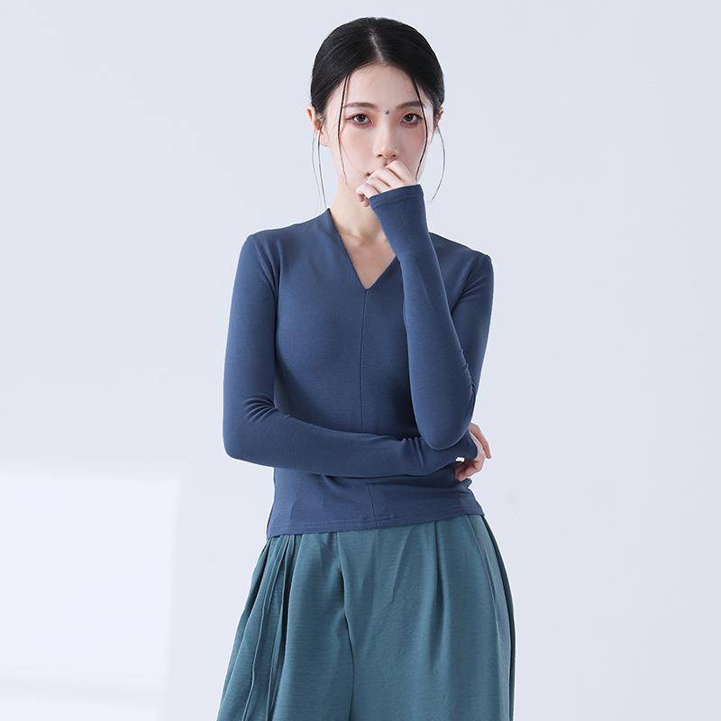 Dance service tops in autumn and winter modern dance -shaped physical fitness service V -neck sleeves refer to Chinese dance classical dance training suit
