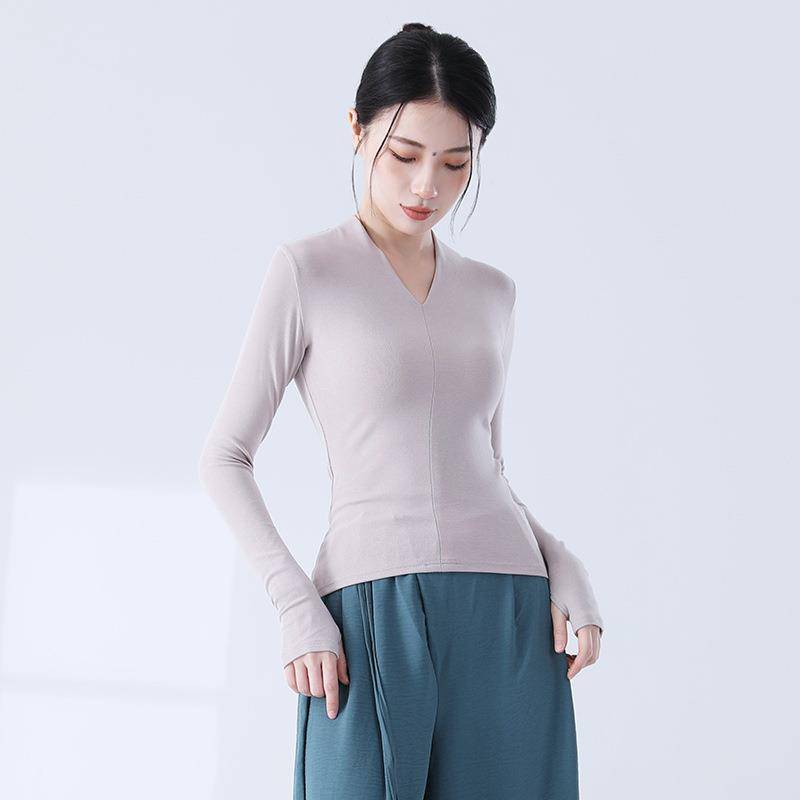 Dance service tops in autumn and winter modern dance -shaped physical fitness service V -neck sleeves refer to Chinese dance classical dance training suit