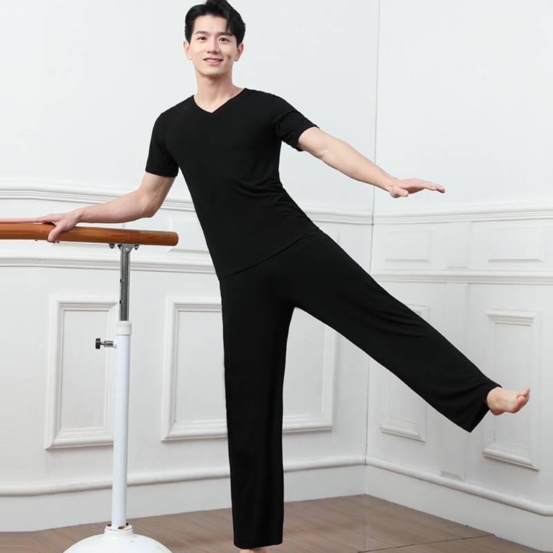 Dance service practice service men's loose student -shaped physical clothing modern dance wide -leg straight pants Modal short sleeve suit