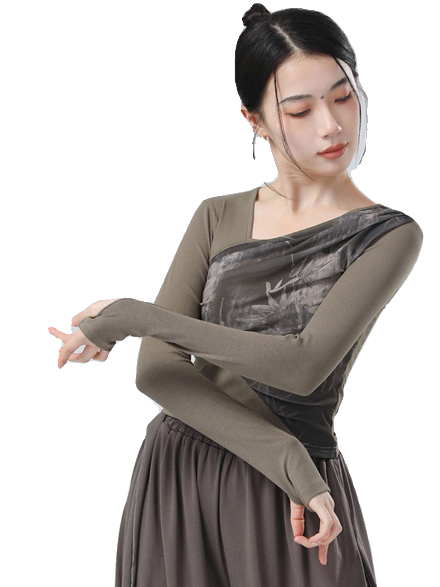 Guofeng's new Chinese -style stitching ink gauze sloping design sense long -sleeved sleeve refers to modern dance dance practice clothes