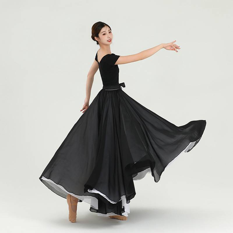 Classical dance skirt double -layer split on both sides wearing a half -sided skirt Modern dance black moonlight world 720 degree large skirt