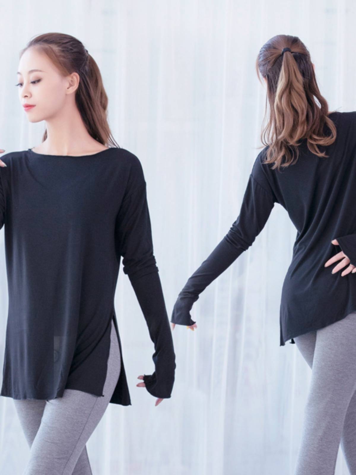 Loose modern dance exercise uniform shirt, personality split Chinese dance long -sleeved ballet classroom training dance service