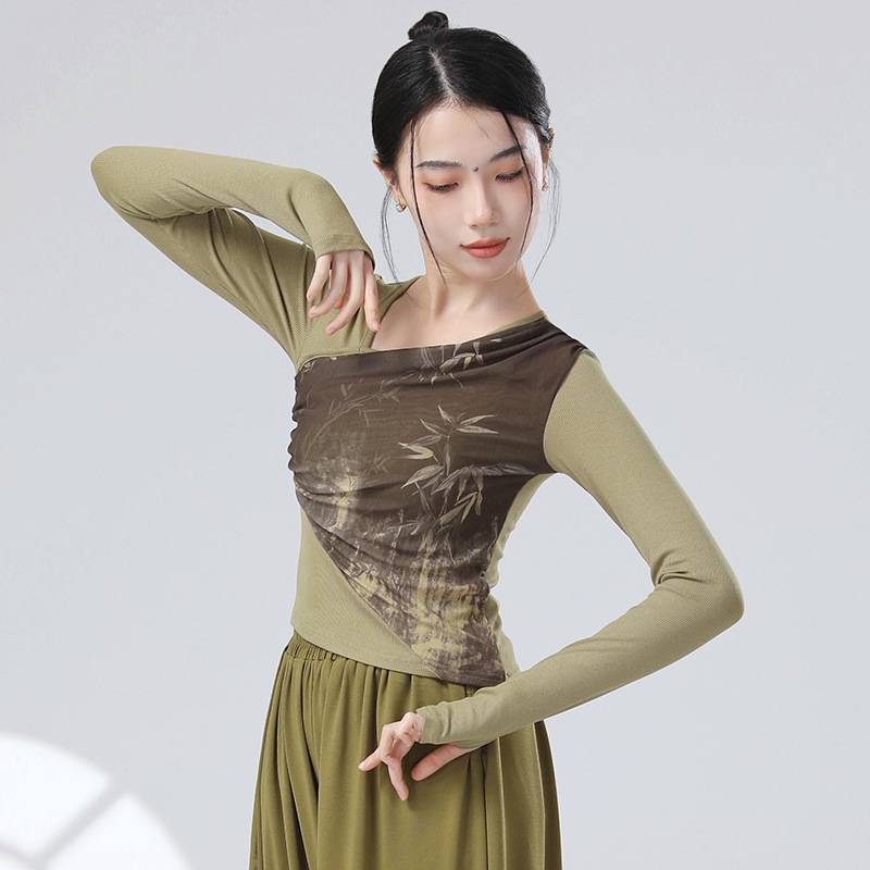 Guofeng's new Chinese -style stitching ink gauze sloping design sense long -sleeved sleeve refers to modern dance dance practice clothes