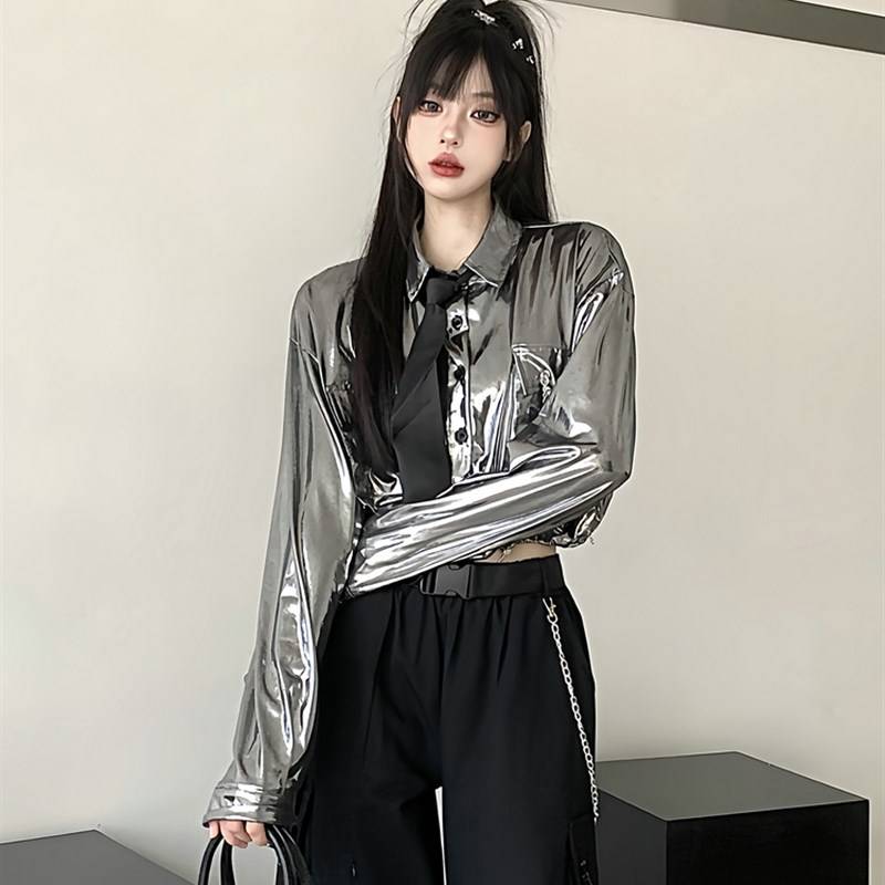 THE HOT, SILVER-SLEEVED, LONG-SLEEVED, SHIRT-CLOTHING, DS, HIP-HOP, MODERN-DAY DANCE COSTUME