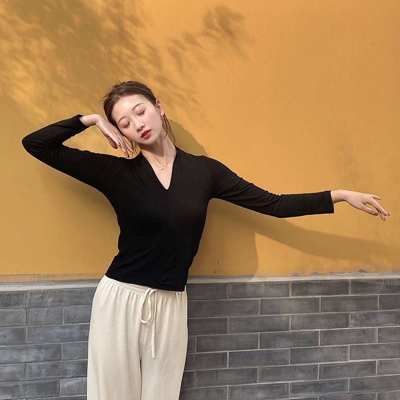 Spring and summer new V -neck gas quality slim dance service long -sleeved classical dance modern dance exercise uniform suit base training service