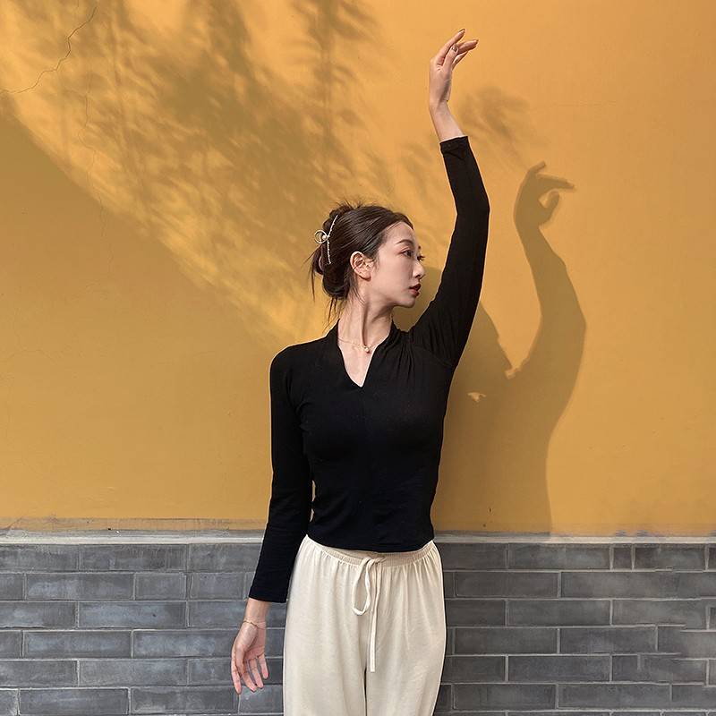 Spring and summer new V -neck gas quality slim dance service long -sleeved classical dance modern dance exercise uniform suit base training service