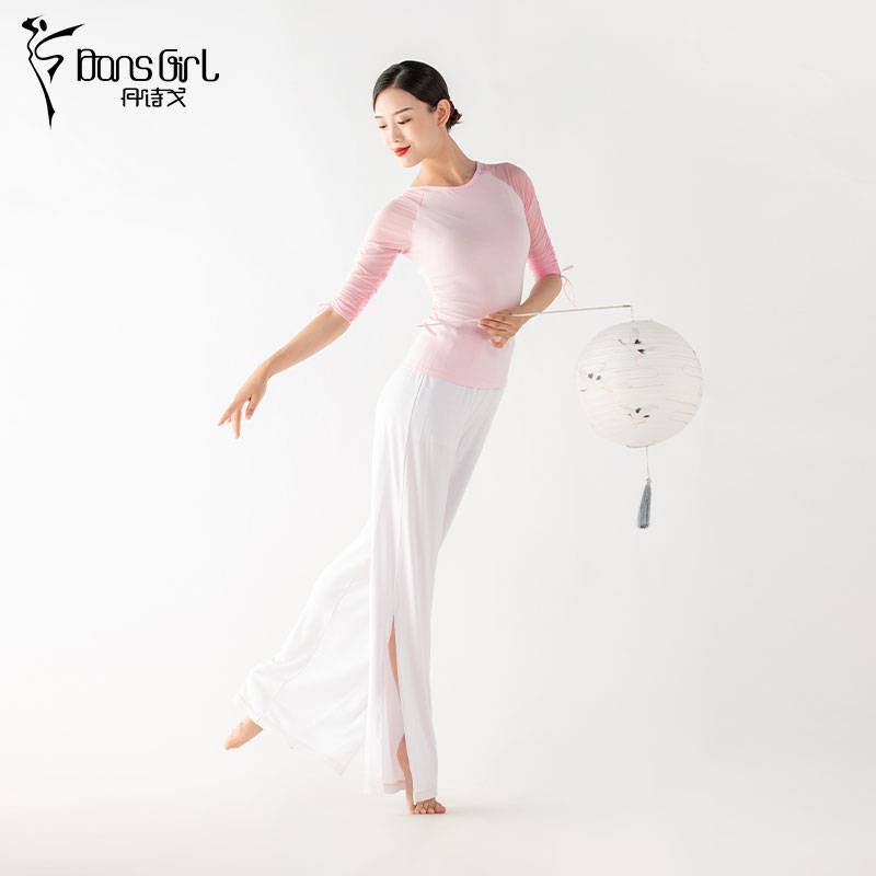 Danshigo dance top Modern dance dress side draws adult female yoga practice elastic net inserted shoulder sleeves top