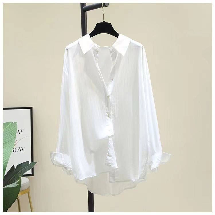 Outside wearing Sky Silk Cotton Shirt Female Korean Edition Loose Leisure Thin Shirt Long -sleeved White Modern Dance Shirt