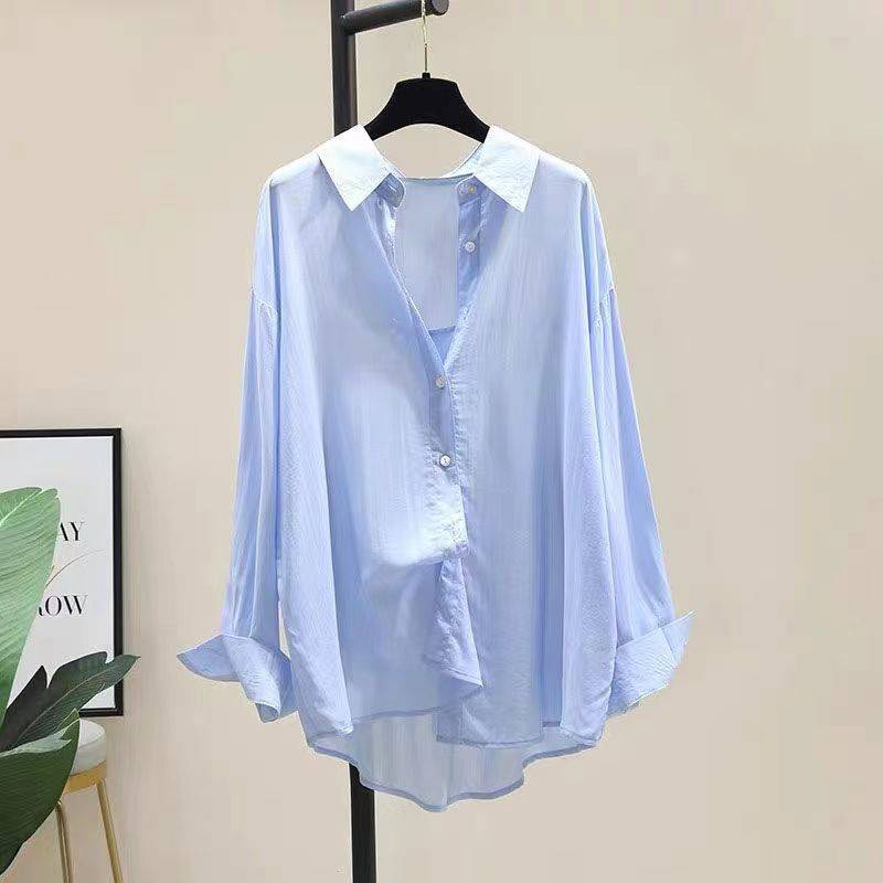 Outside wearing Sky Silk Cotton Shirt Female Korean Edition Loose Leisure Thin Shirt Long -sleeved White Modern Dance Shirt