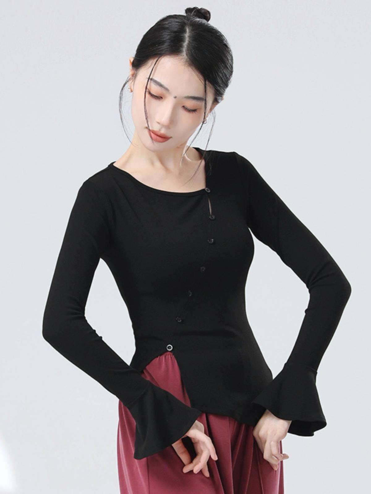 Modern dance daily horn sleeve adult irregular split sloping dance students practicing spring and autumn daily sports clothes