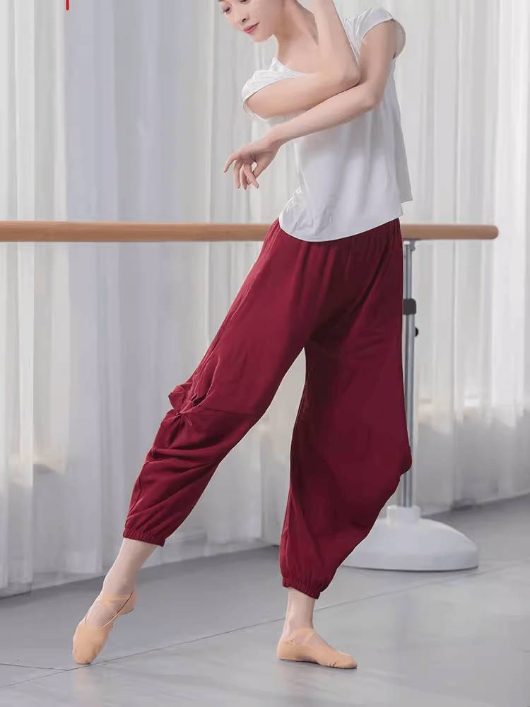 Modern dance exercise pants dance men's and female adult short -sleeved loose lantern long pants Fanghua wine red Mongolian dance wide -leg pants