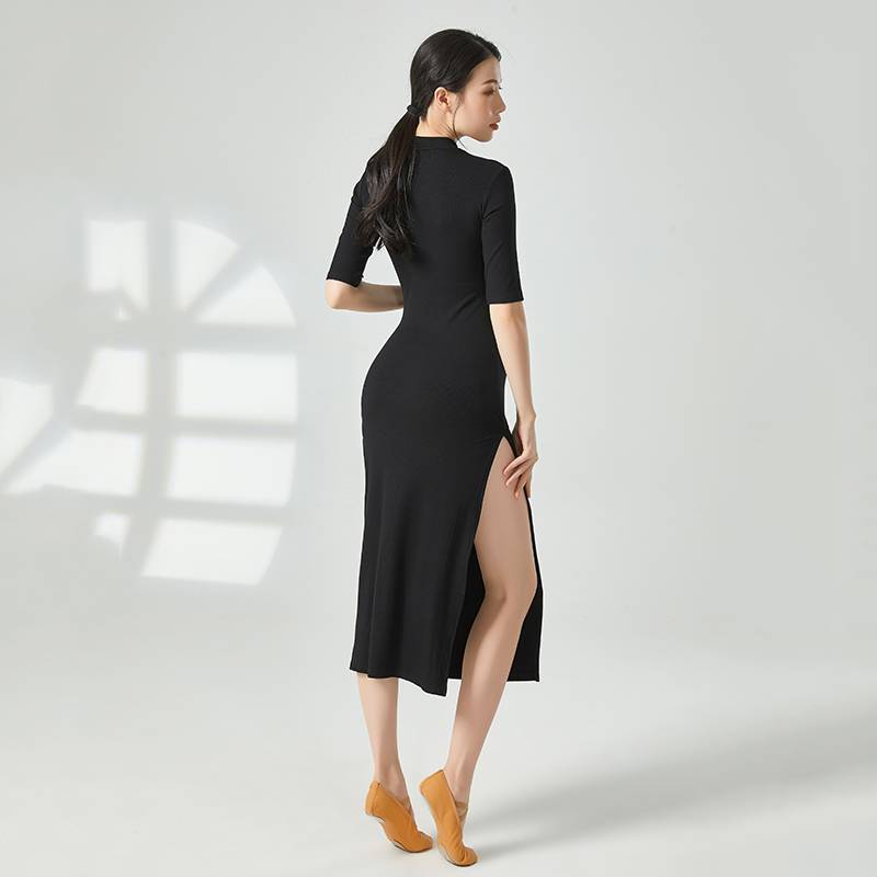 Modern dance practice clothes side slit slim slim dress female slim -fitting thin knitted long dance performance service