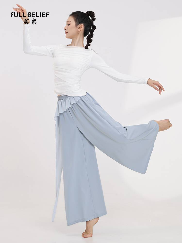 Fuxi Modern Dance Practice Female Long -sleeved T -shirts irregularly sloping round neck loose top clothes base training dance clothing