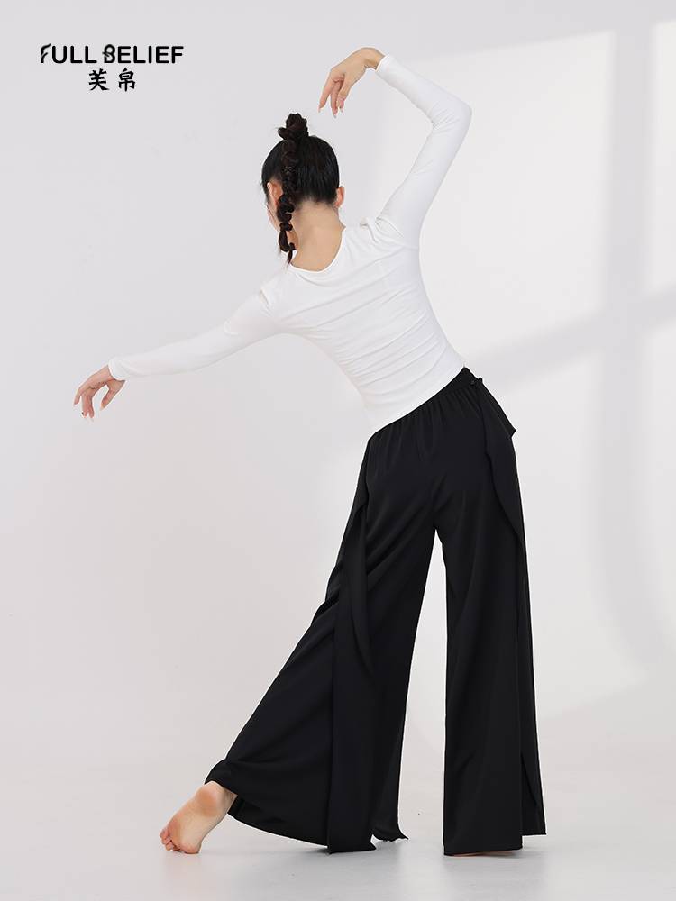 Fuxi Modern Dance Practice Female Long -sleeved T -shirts irregularly sloping round neck loose top clothes base training dance clothing