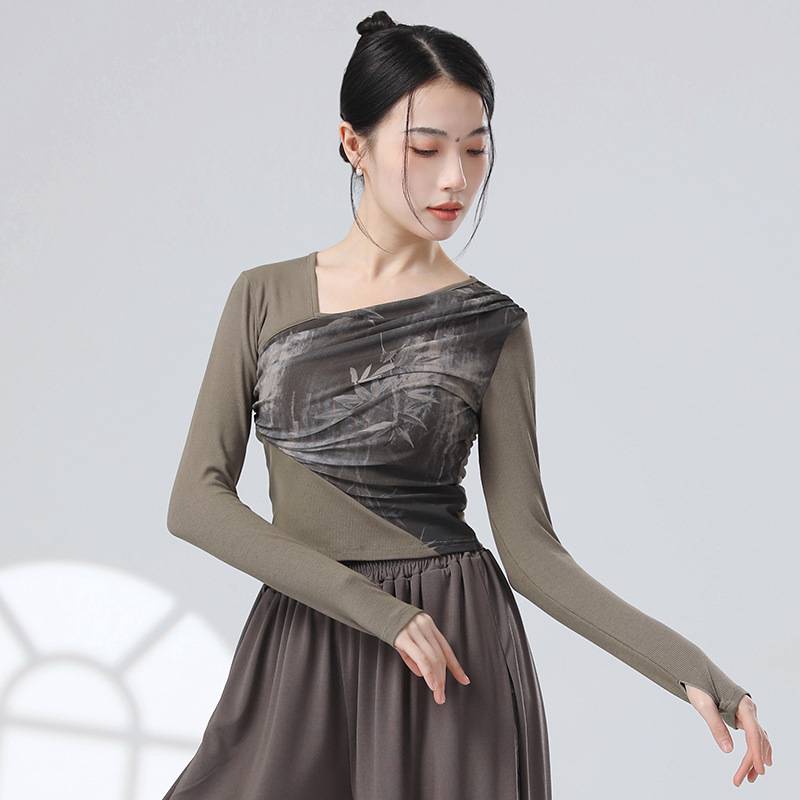 Guofeng's new Chinese -style stitching ink gauze sloping design sense long -sleeved sleeve refers to modern dance dance practice clothes