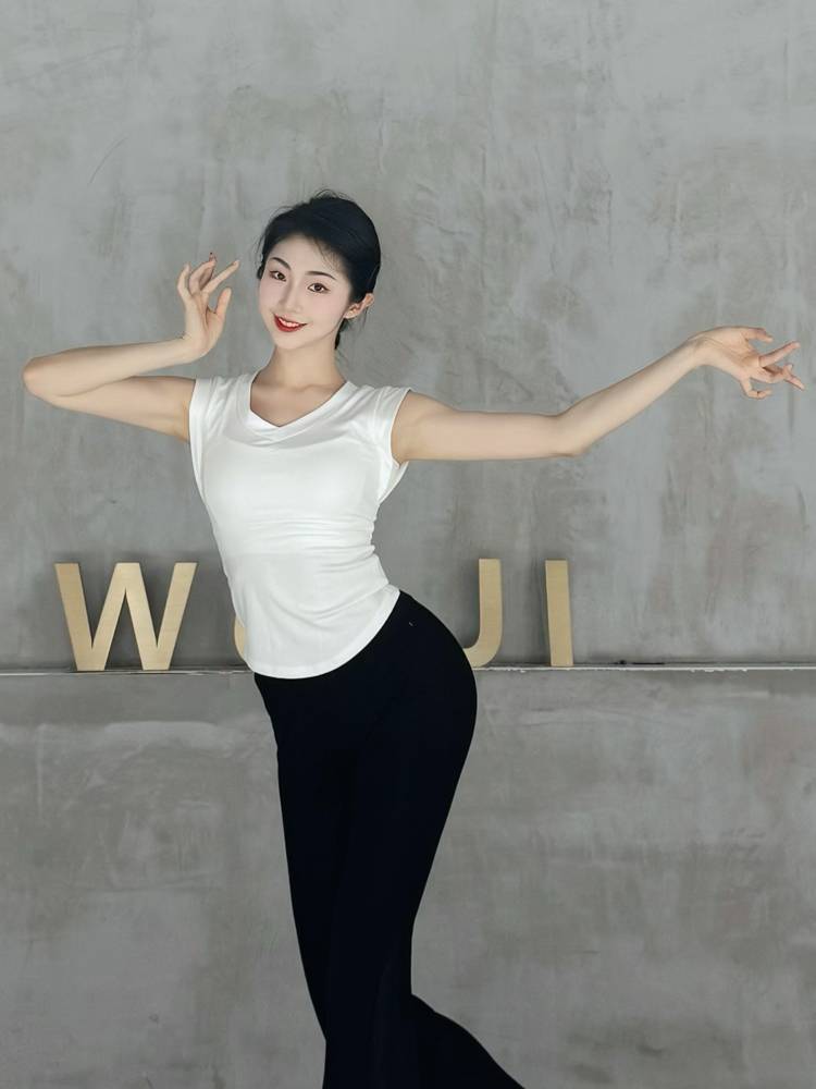 Classical dance new top, summer V -neck, waist, thin dance T -shirt, modern dance short -sleeved exercise dancing clothing